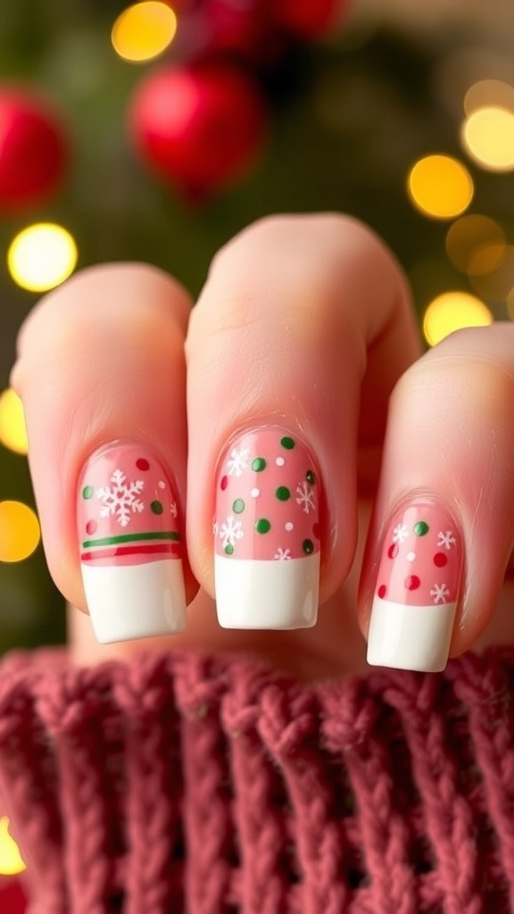Short French tip nails for kids decorated with Christmas colors and designs.